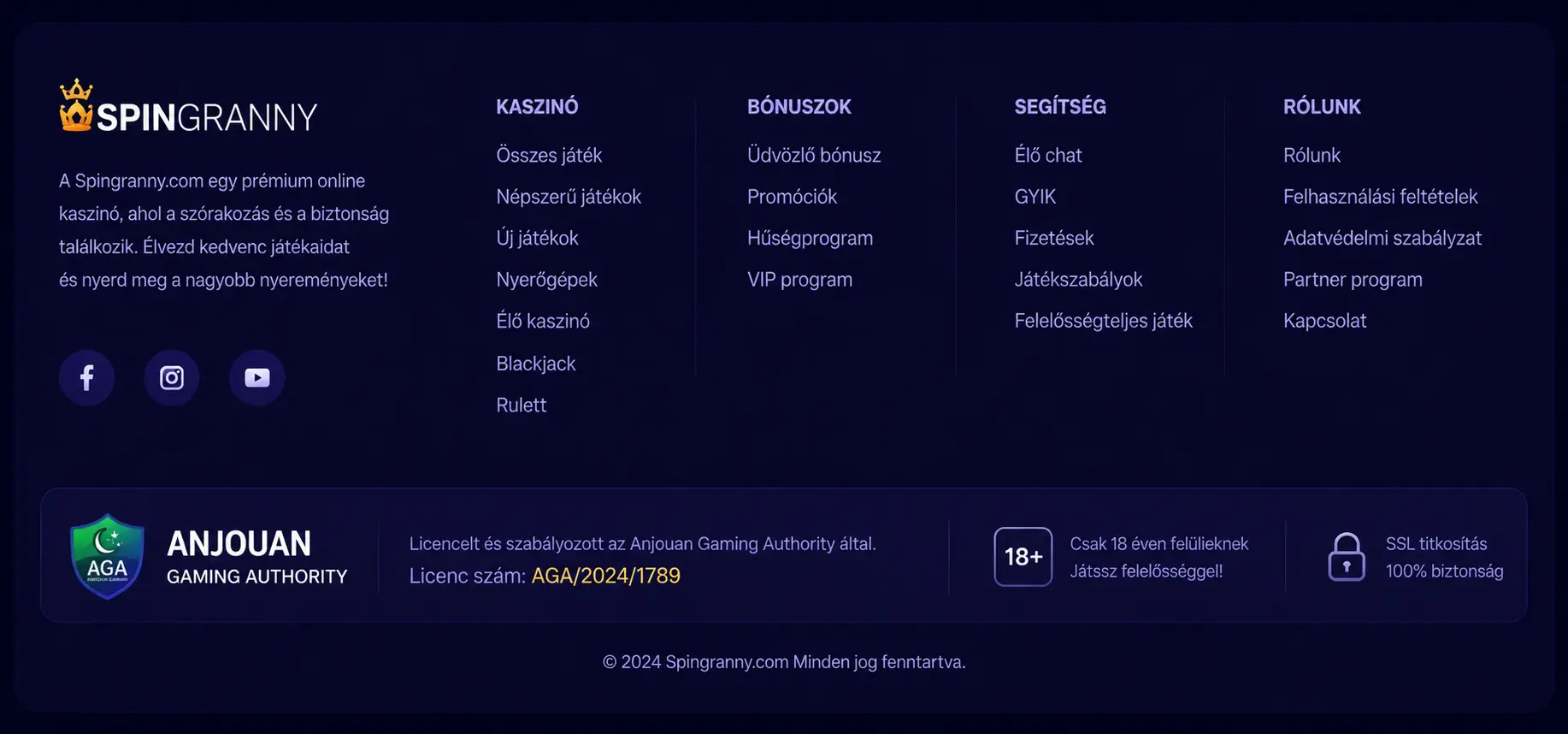 SpinGranny licencinformációk a lábléc szekciójában