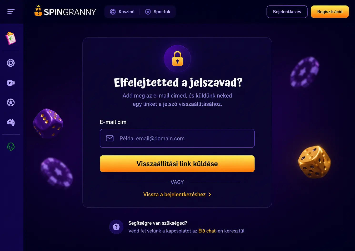 SpinGranny jelszó-visszaállítási képernyő
